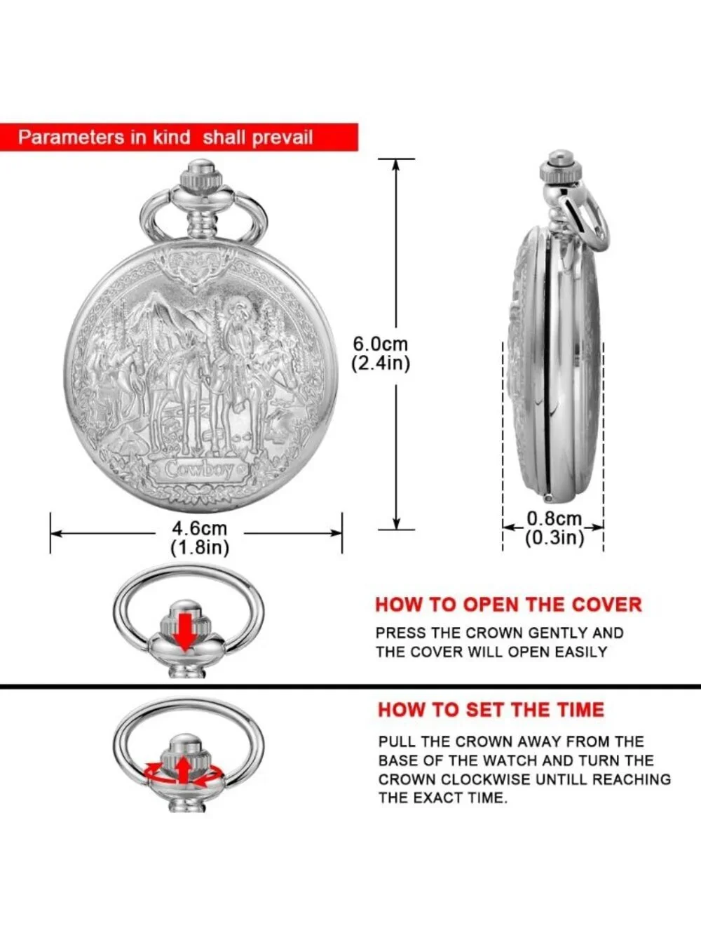 Men's Silver Analog Quartz Arabic Numerals Engraved Cowboy Vintage Pocket Watch